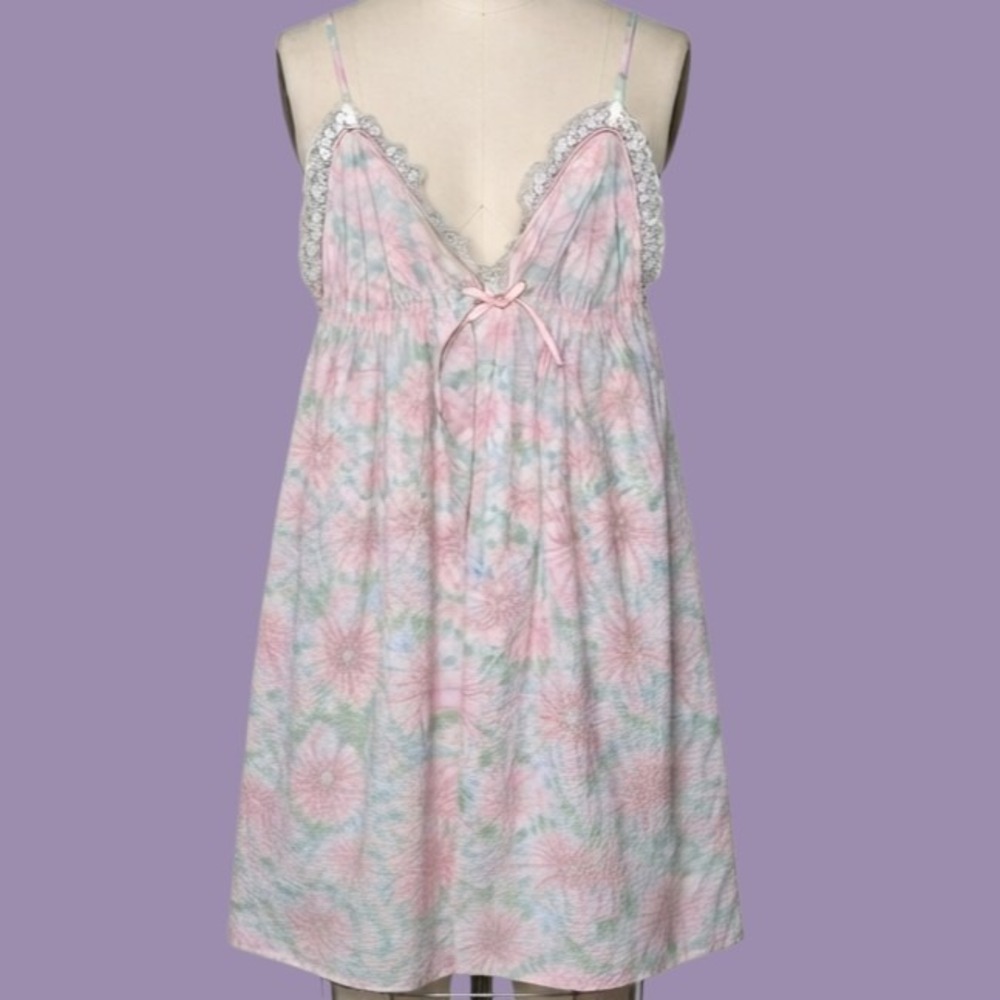 VTG 80s Floral Lace Slip Nightgown Babydoll Chemise Seersucker Coquette cottage
